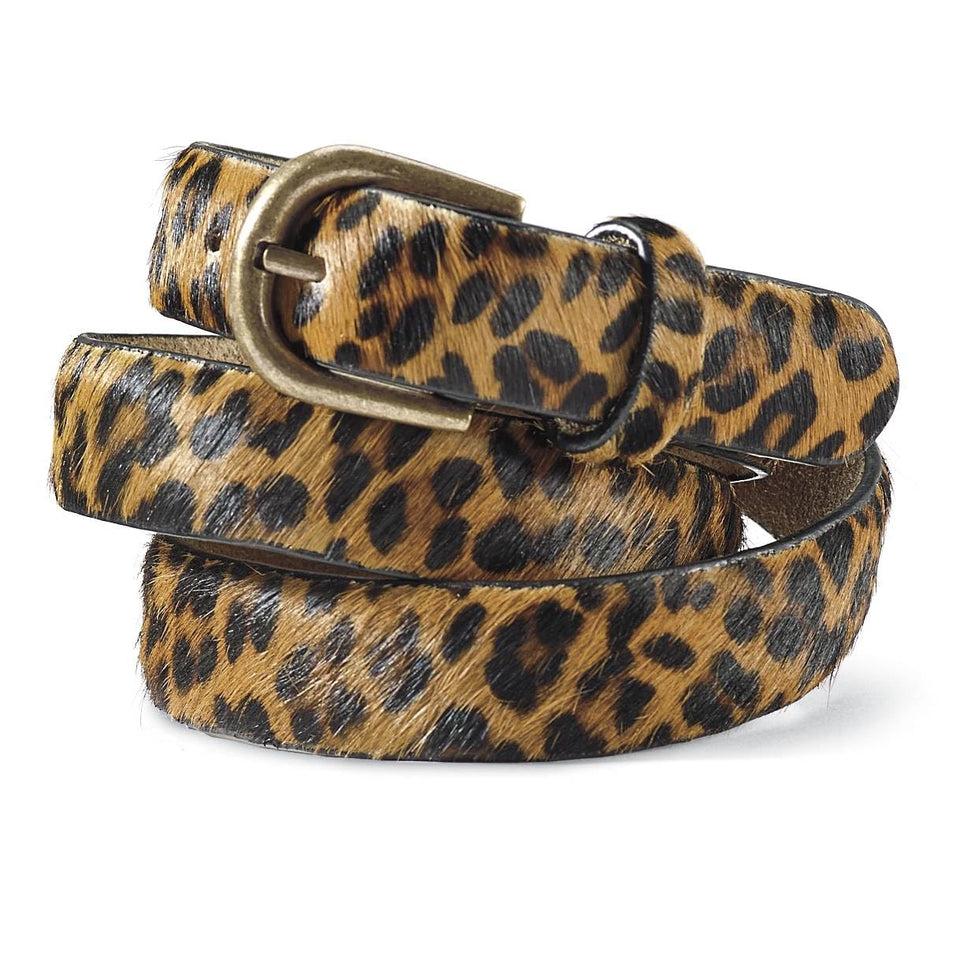 SAGEFINDS leopard print leather belt close-up showing luxurious hair-on texture for style