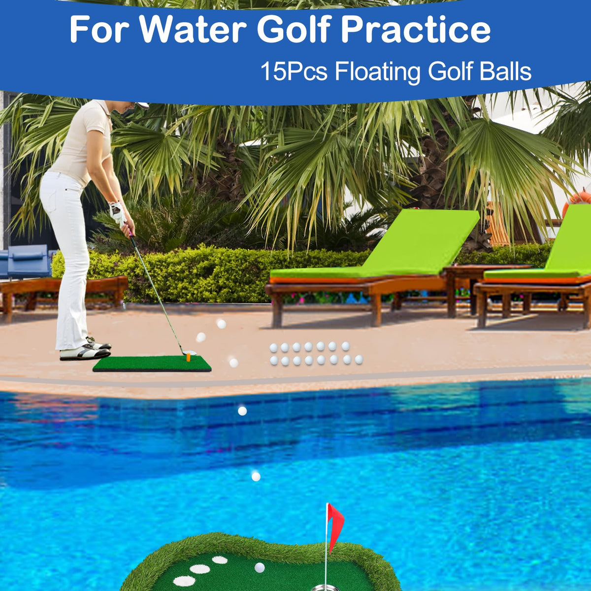 Sagsewful floating golf ball in lake setting for precise water practice.