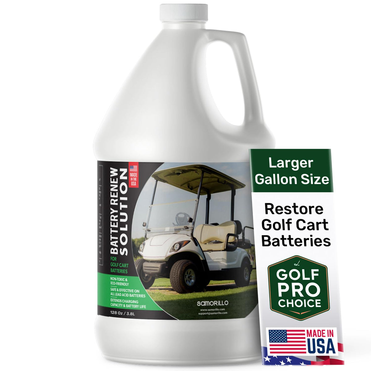 Samorillo Battery Renew 1gal bottle improves lead-acid battery efficiency.