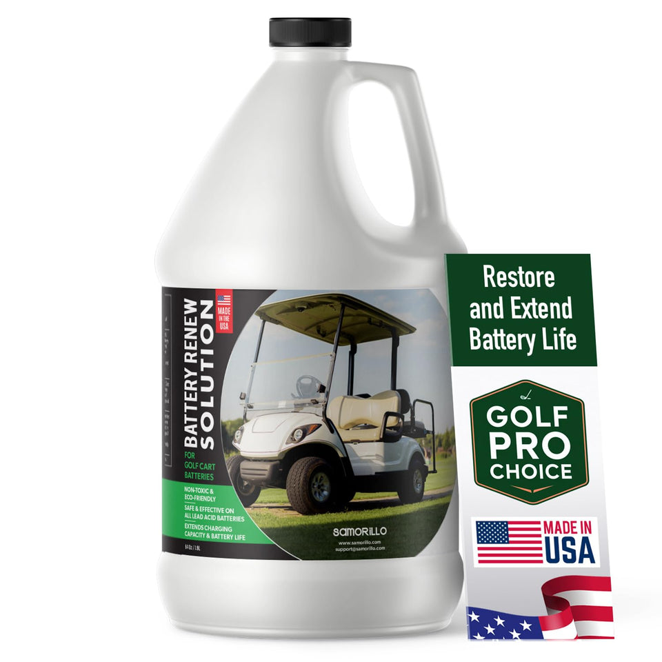Samorillo Battery Renew 64oz bottle visual, dissolves sulfation to restore charge capacity