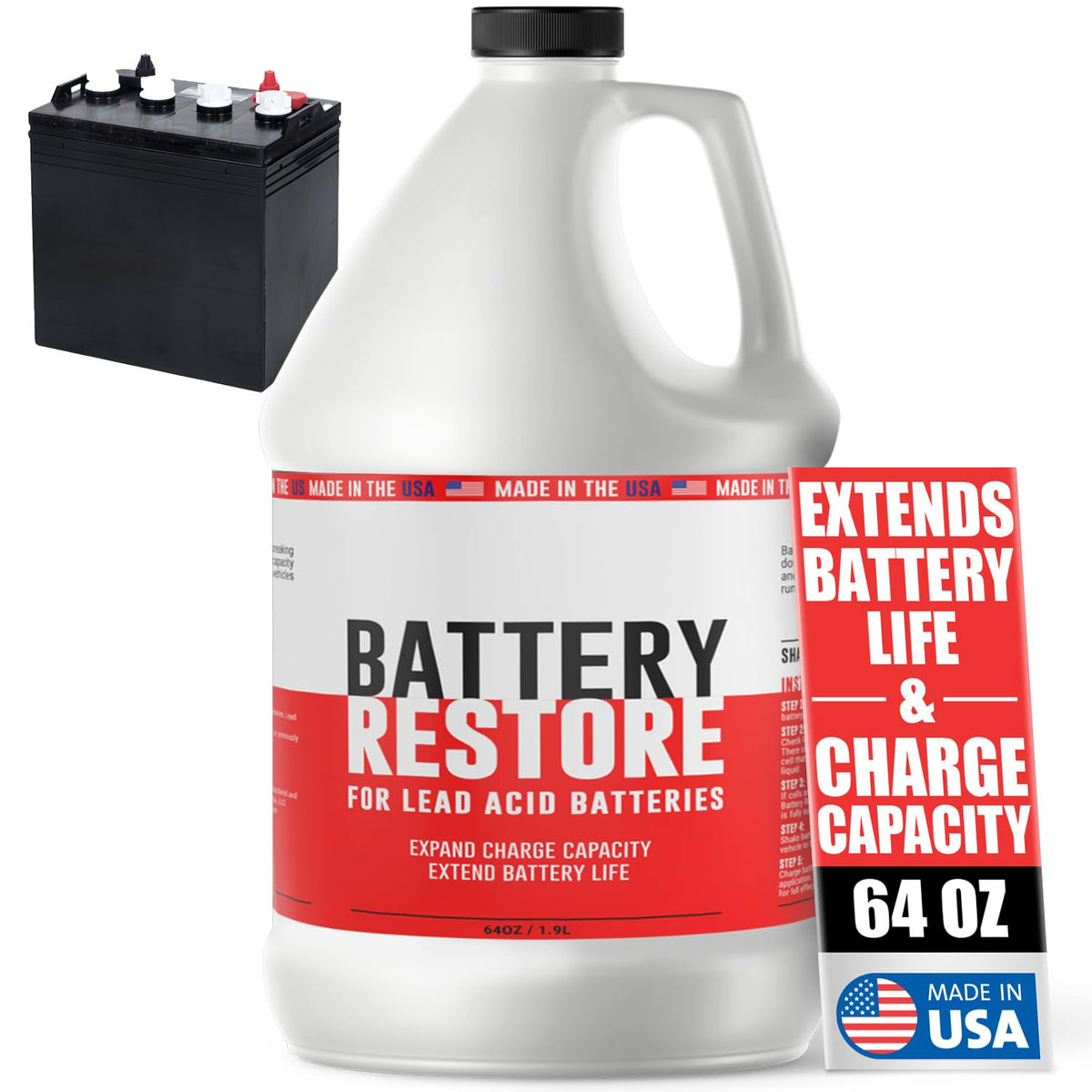 Samorillo Battery Restore Desulfator 64oz bottle pour reduces sulfation for longer cycles.