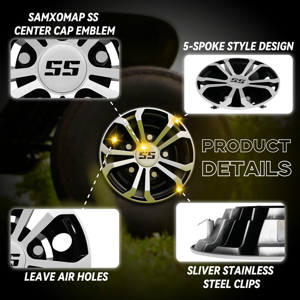 SAMXOMAP 8-inch hubcaps for Club Car Tempo showing durable ABS and snap-on ease