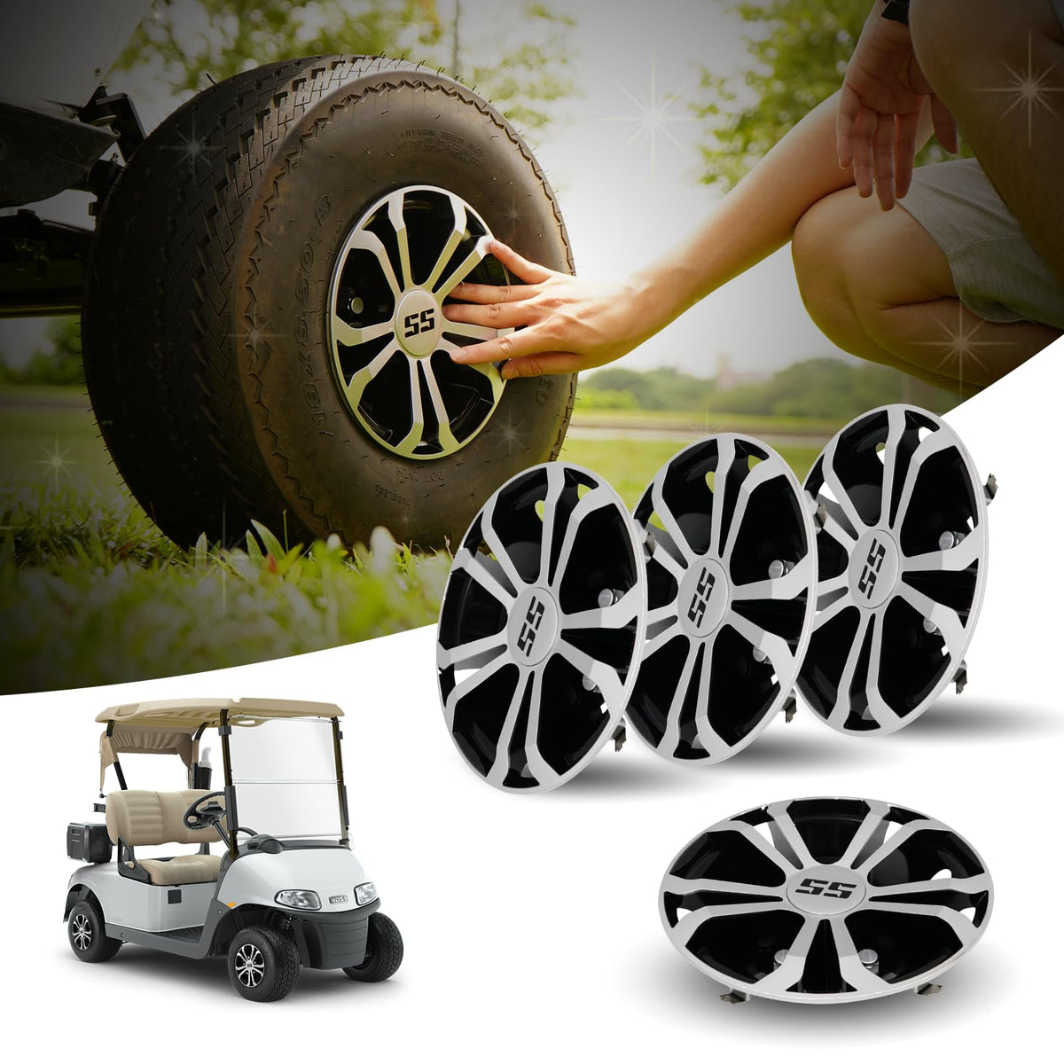 SAMXOMAP 8-inch hubcaps for EZGO TXT with chrome 5-spoke design for a refreshed look