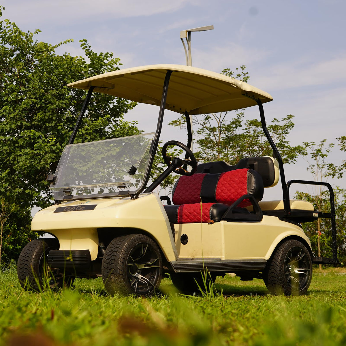 SAMXOMAP fit guide for club car ds shows front and rear compatibility.