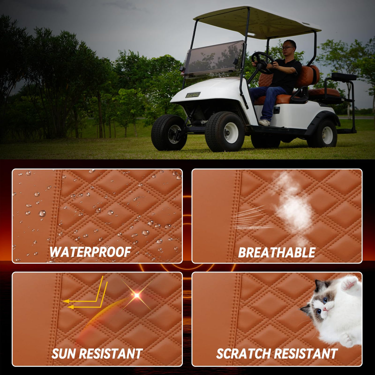 SAMXOMAP diamond stitch detail adds stylish durability to golf cart seating.
