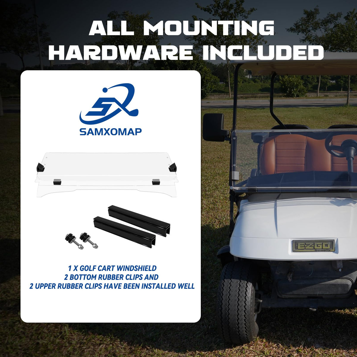 SAMXOMAP EZGO TXT windshield uses anti-yellowing acrylic for lasting clarity.