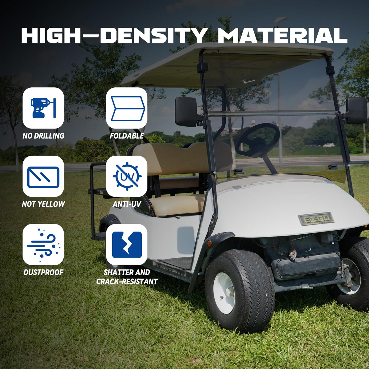 SAMXOMAP EZGO TXT windshield with rugged hinges for quick install.