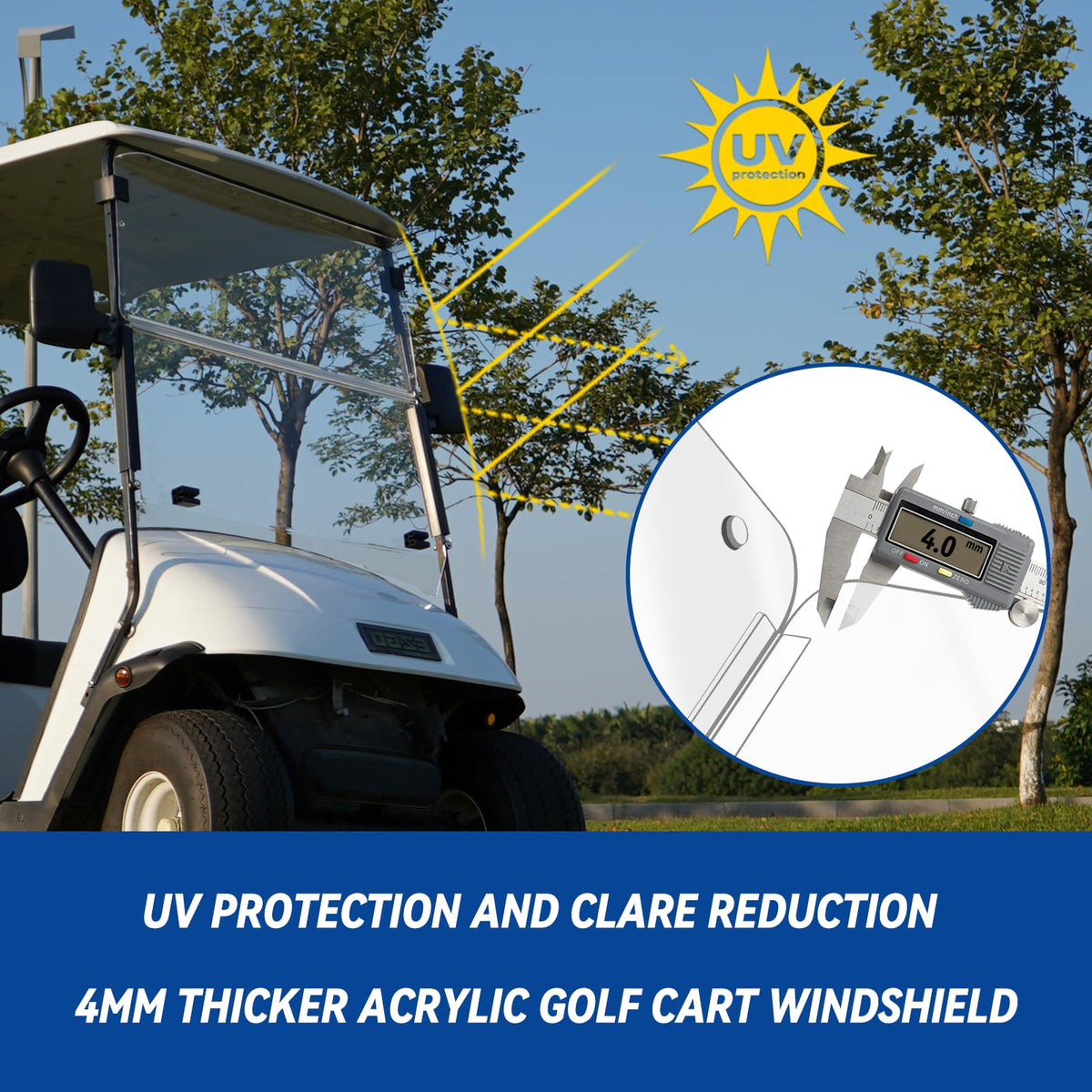 SAMXOMAP EZGO TXT windshield crafted from 4mm polycarbonate for durable, weather-resistant clarity.