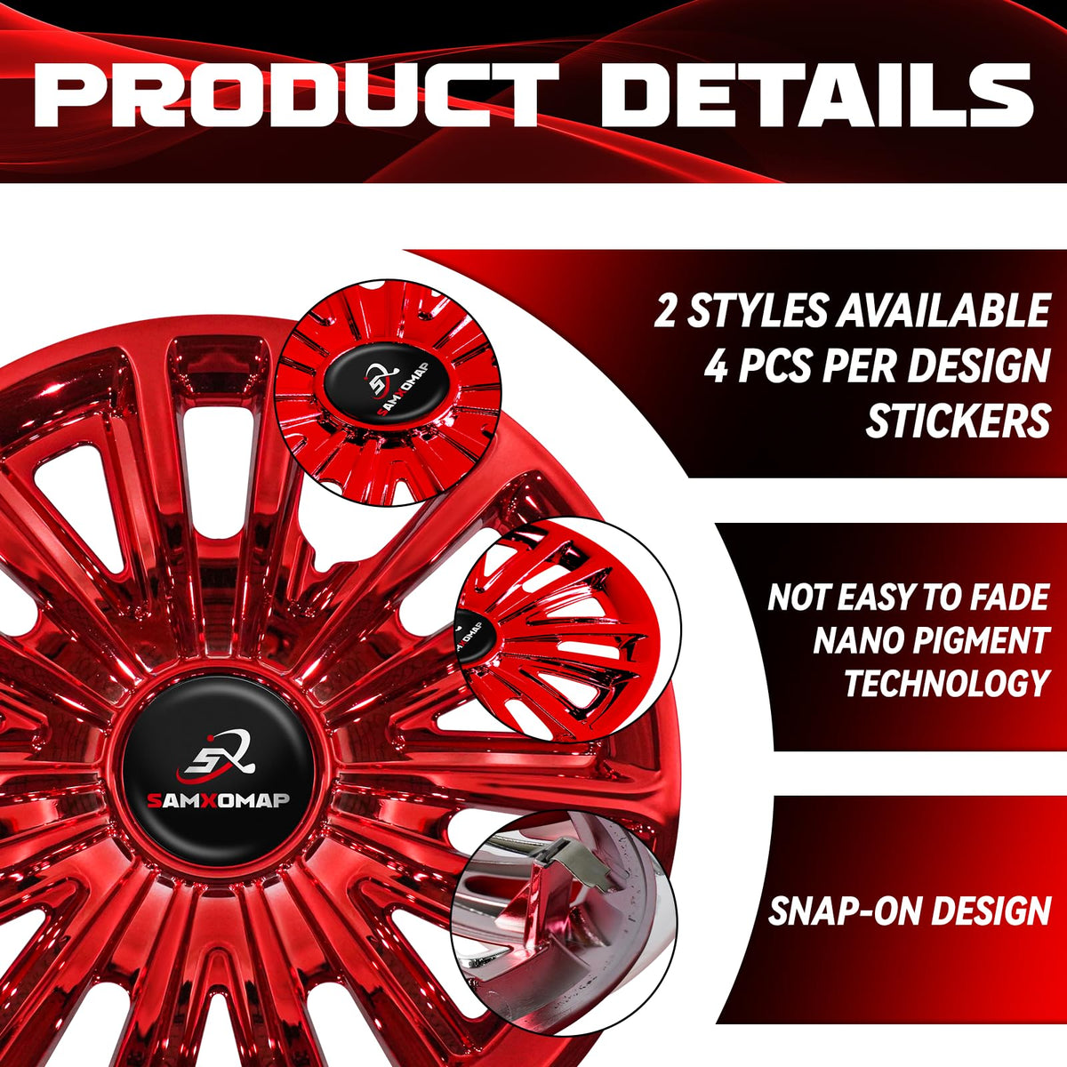 SAMXOMAP 8-inch red hub cap offers UV resistance for outdoor durability.
