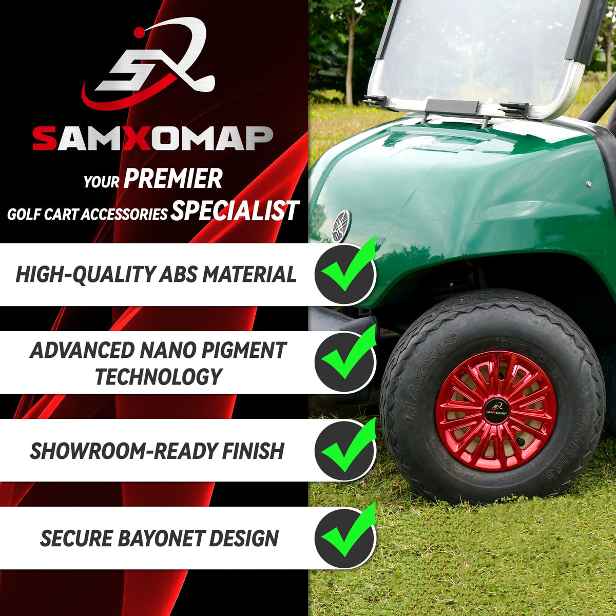 SAMXOMAP red hub cap set of four provides full wheel coverage with cohesive color.