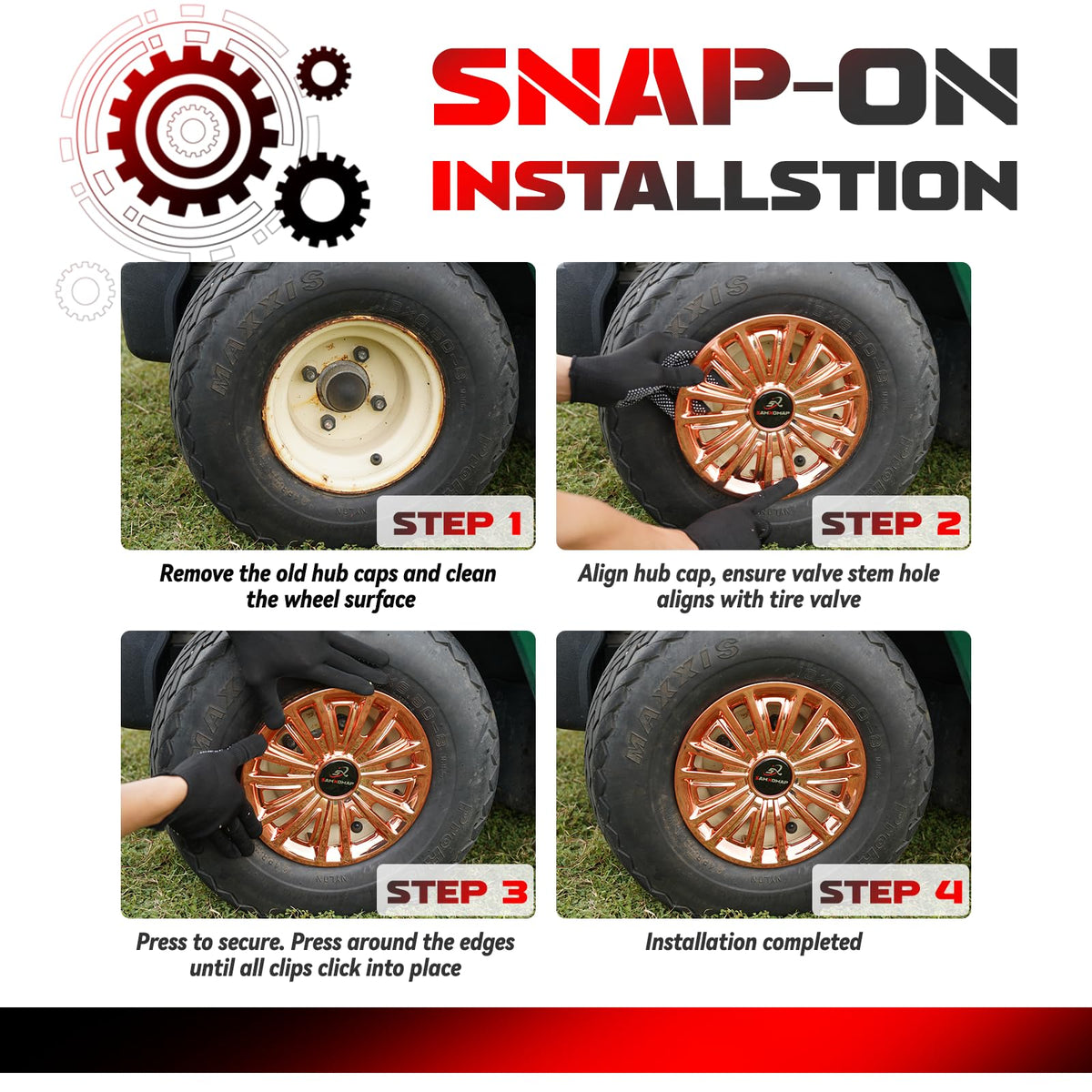 SAMXOMAP copper hub cap close-up highlights UV-stable ABS construction