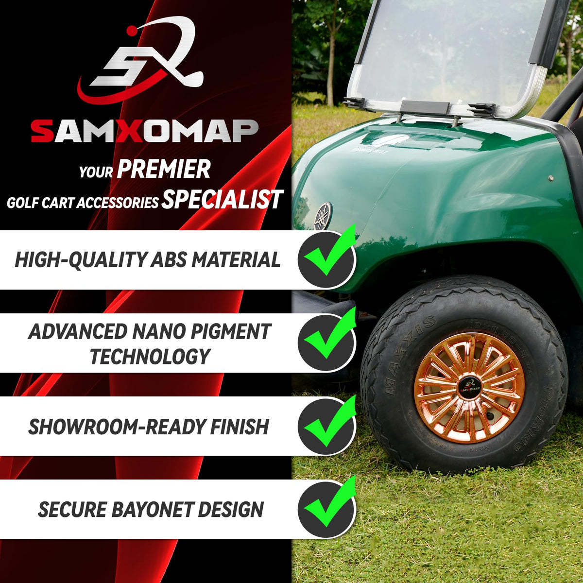SAMXOMAP 4-pack hub caps arranged for all-weather golf carts