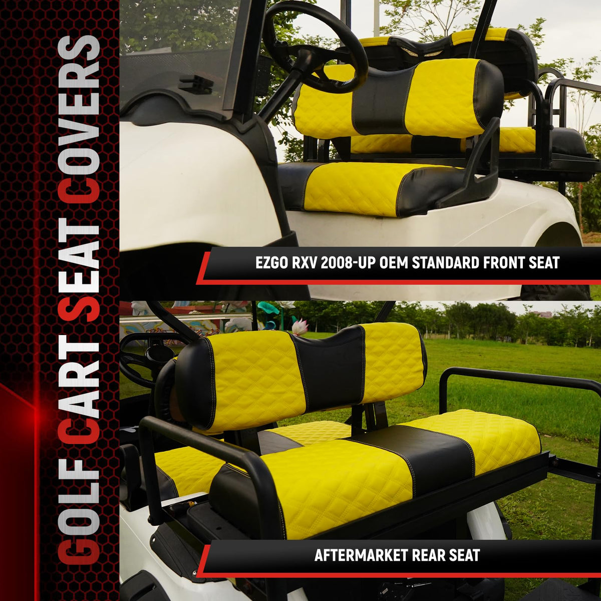 SAMXOMAP golf cart rear seat cover showing easy-to-install design and fit.