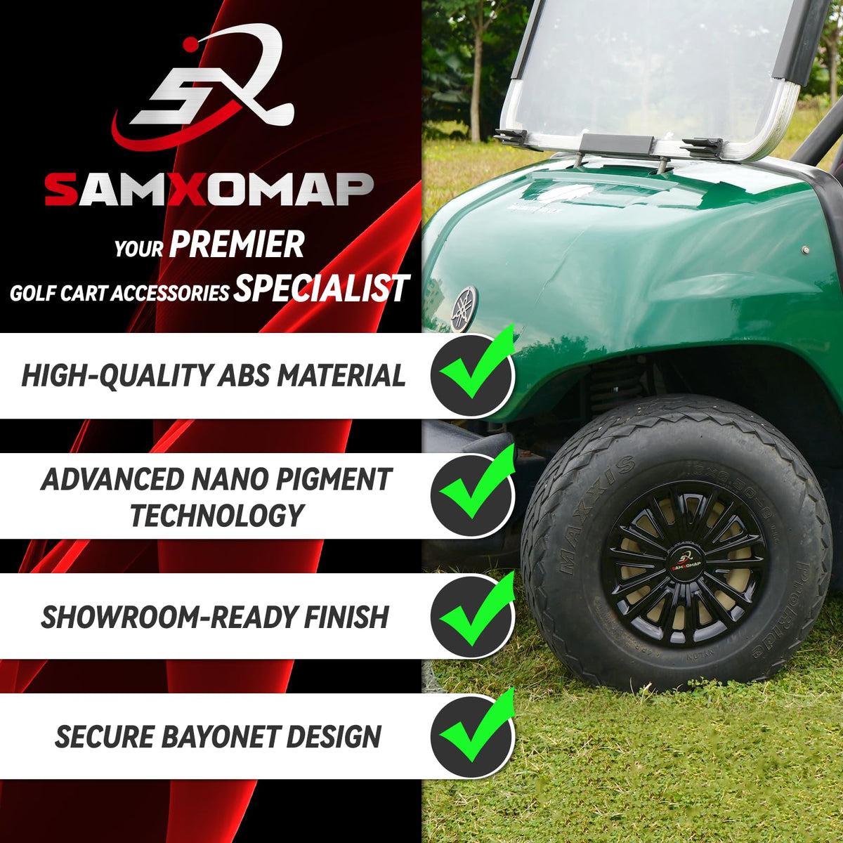 SAMXOMAP hub caps use UV-stabilized ABS to resist cracking and fading over time