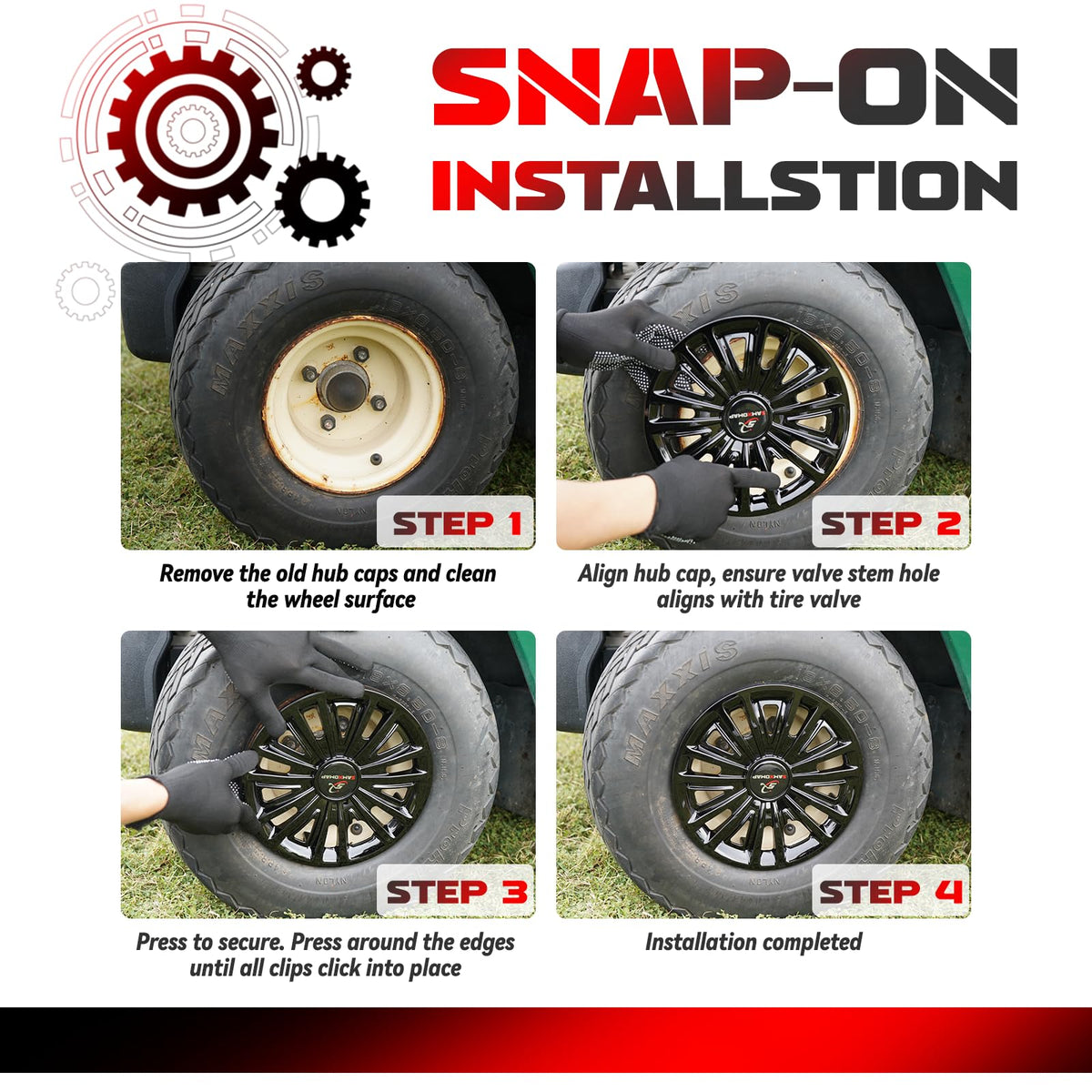 SAMXOMAP snap-on hub caps install in seconds for secure fit and easy cleaning