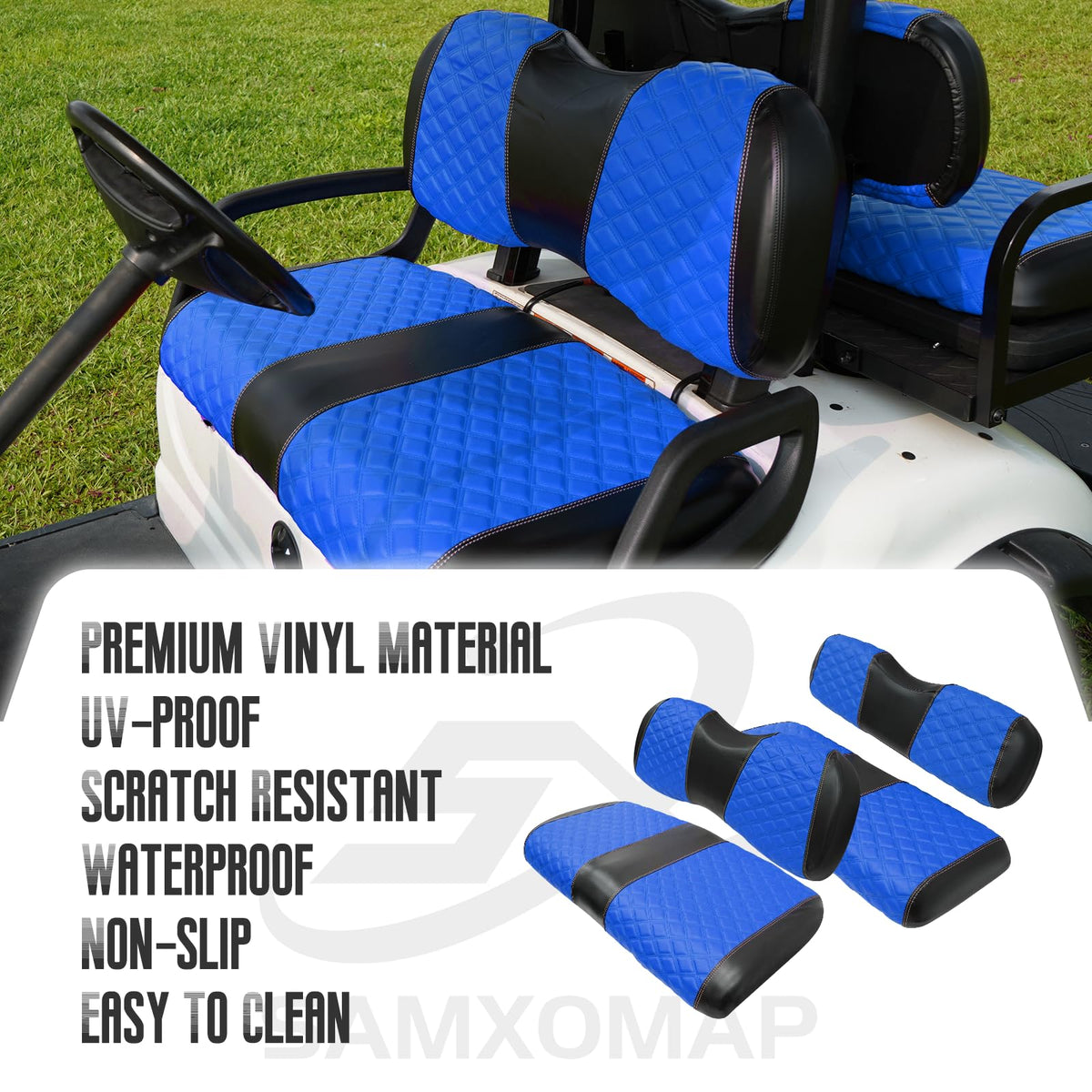 SAMXOMAP marine-grade vinyl blue keeps seats dry in rain and splashes.