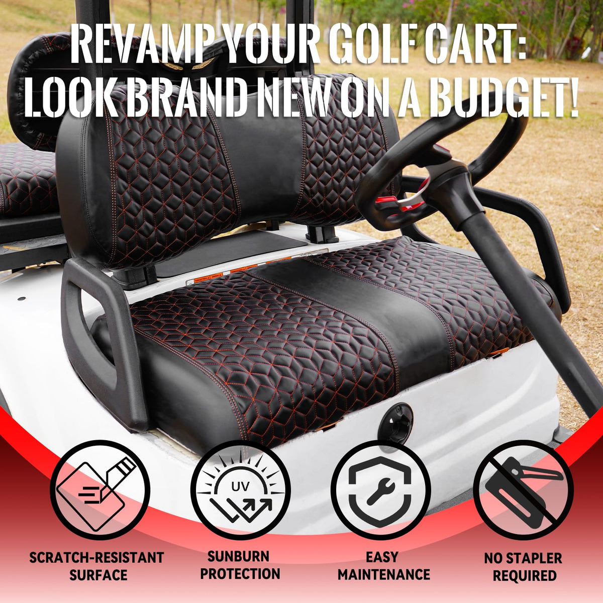 Rear seat cover base close-up highlighting breathable foam beneath the vinyl cushion.