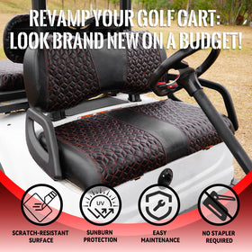 Rear seat cover base close-up highlighting breathable foam beneath the vinyl cushion.