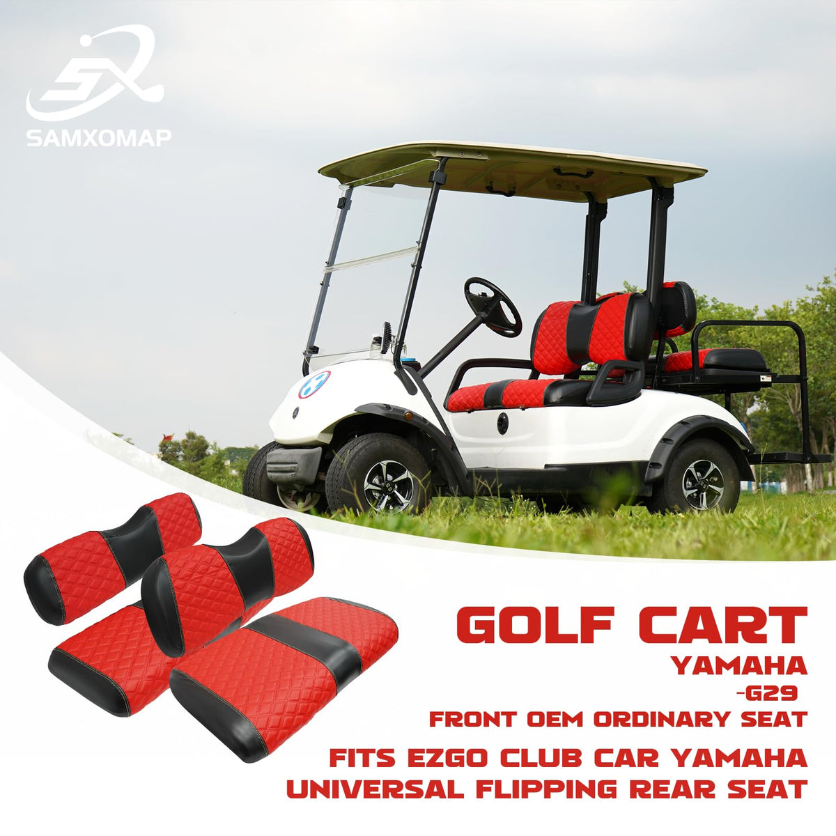 SAMXOMAP rear seat cover in red protects and refreshes the cart’s back seat.