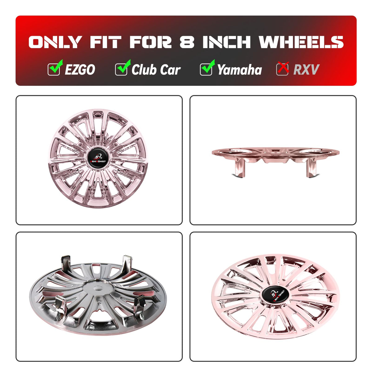 Durable all-weather rose-gold hub cap protects wheels and adds shine