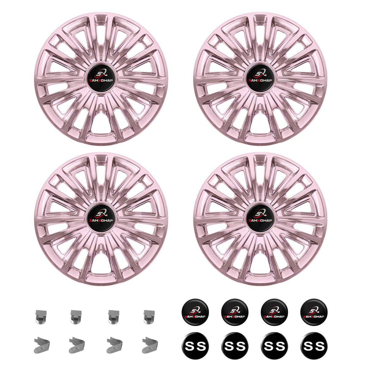 SAMXOMAP rose-gold hub cap 8in shows quick snap-on install for EZGO/Club Car/Yamaha