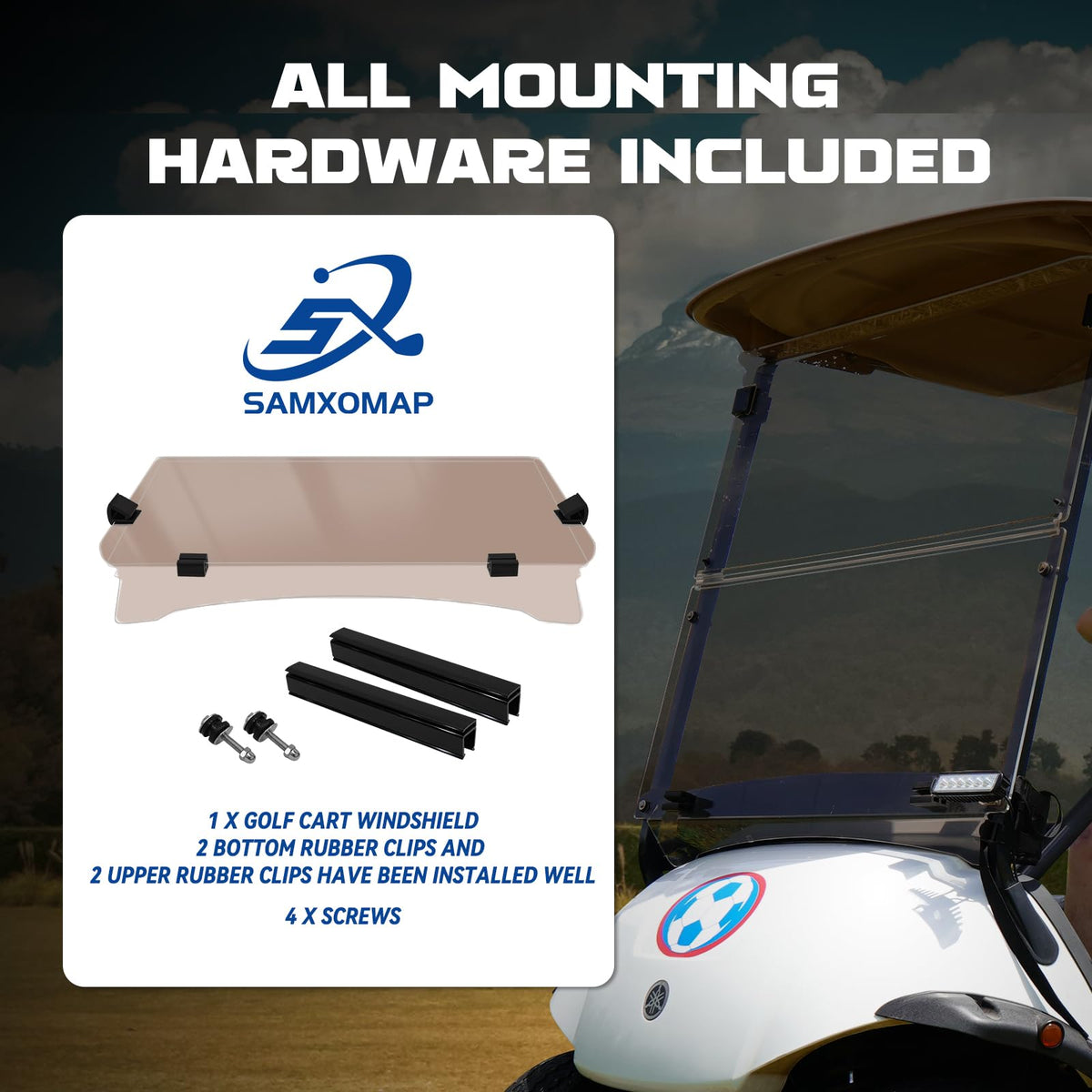 SAMXOMAP Yamaha G29 windshield side view highlights sturdy mounting.