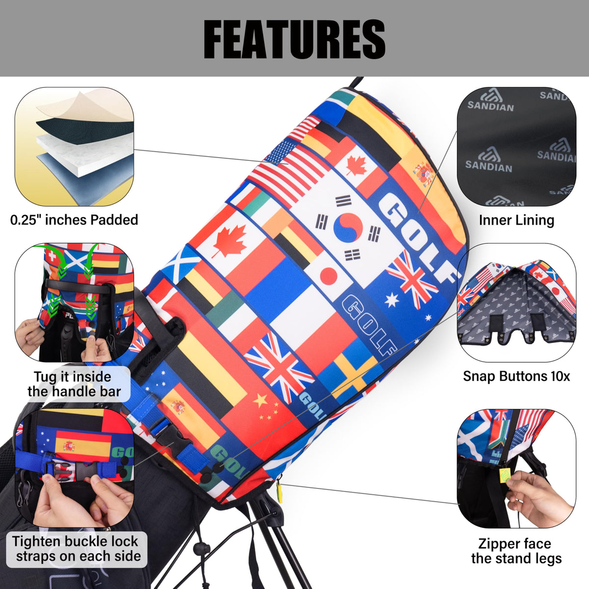 Sandian 7mm EPE padding cushions golf clubs during transport