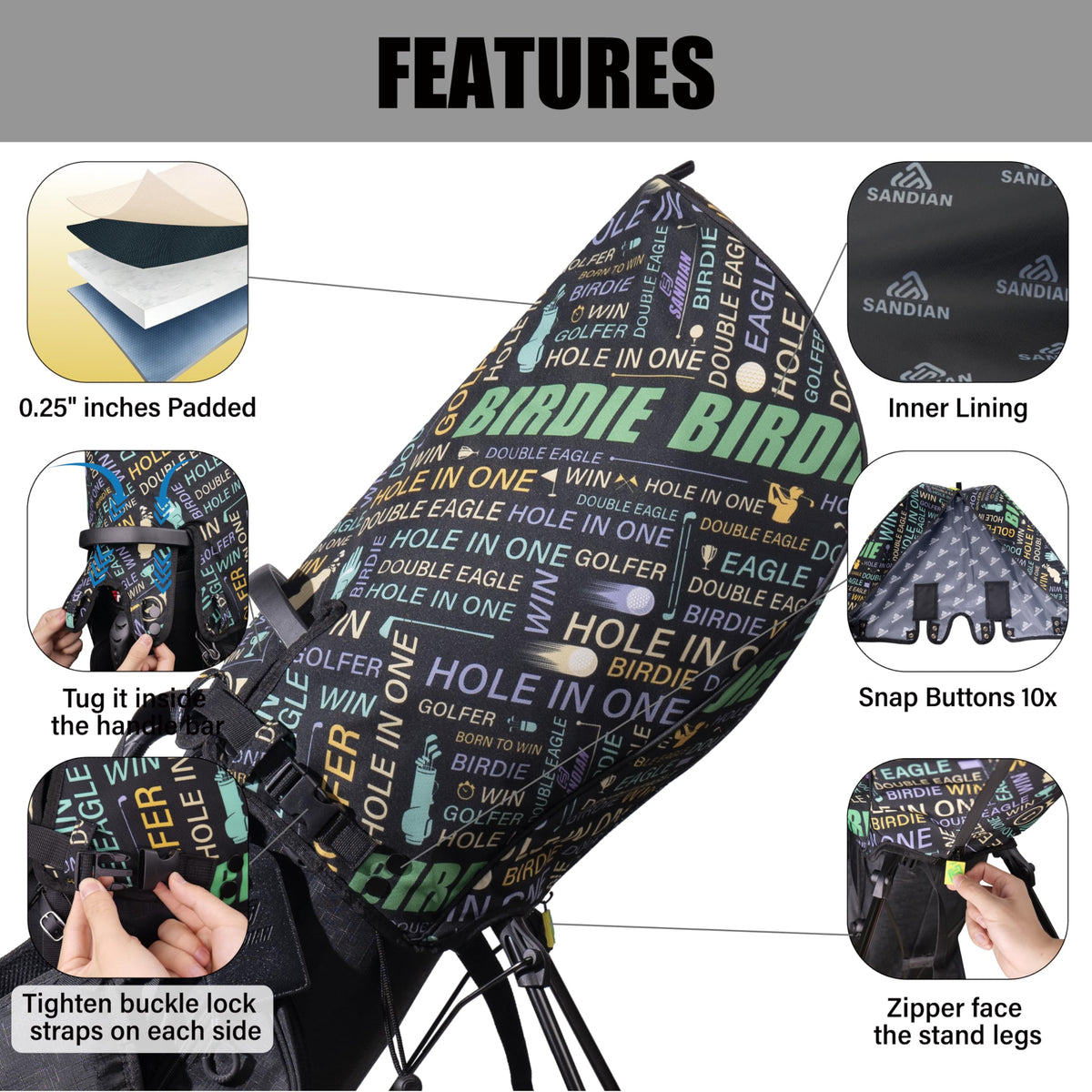 SANDIAN Birdie Black padded protection cushions clubs during transport
