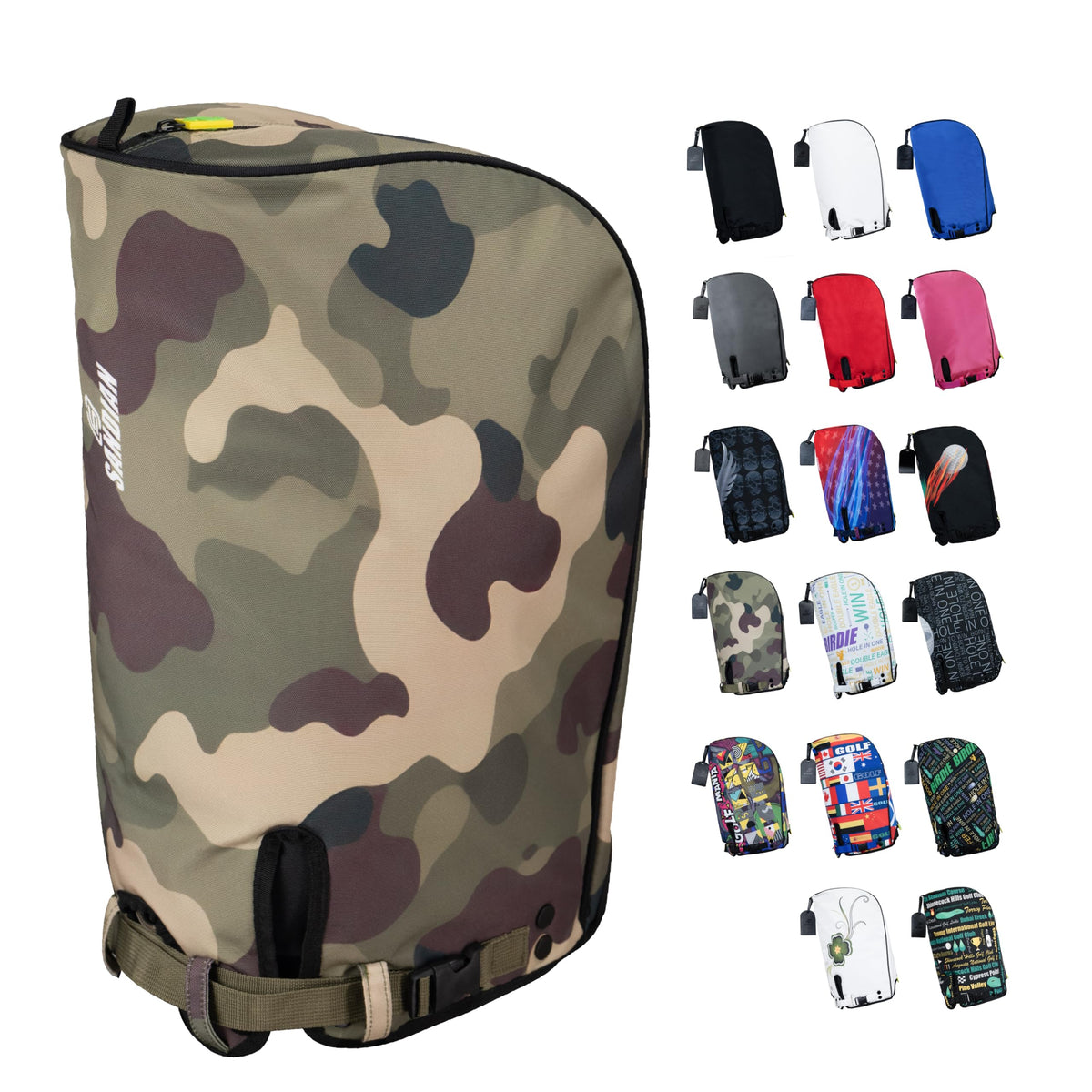 SANDIAN camo rain hood front view protecting a golf bag from rain and moisture.