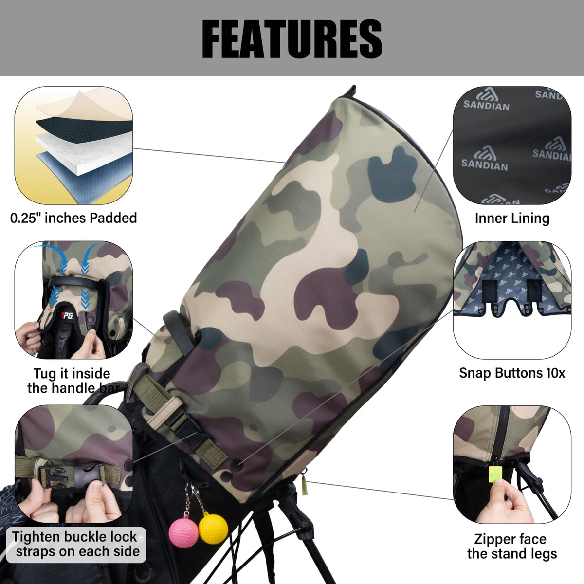 SANDIAN camo hood fabric uses 1260D Oxford with PU coating for weather resistance.