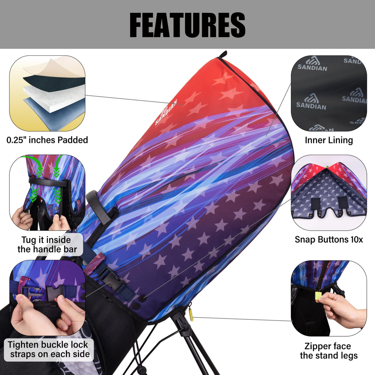 SANDIAN Flying Stars rain hood top view with slot-in handle design