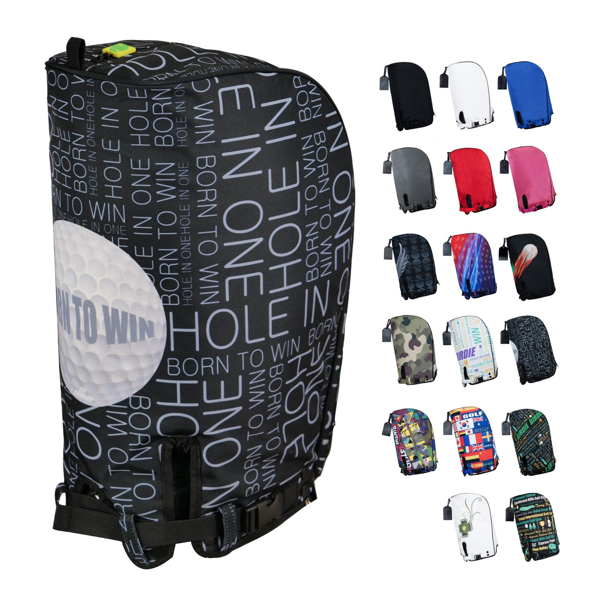 SANDIAN golf bag rain hood front view showing waterproof shell protecting clubs