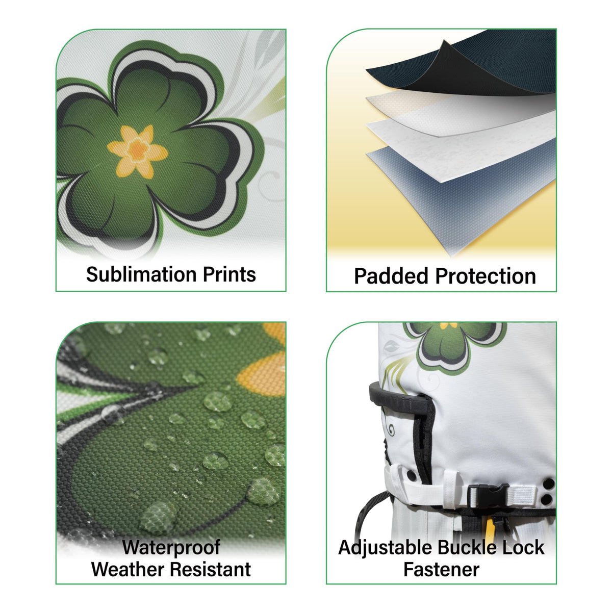 Sandian Lucky Clover buckle fasteners secure coverage on standard bags