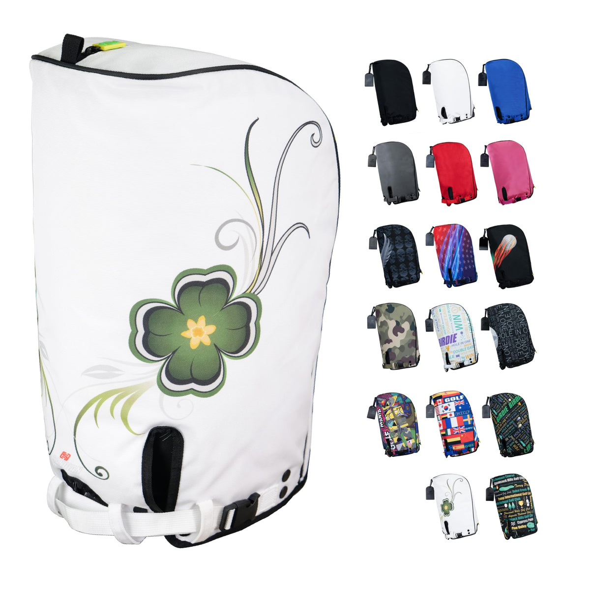 Sandian Lucky Clover rain hood cover front view protecting golf bag from rain