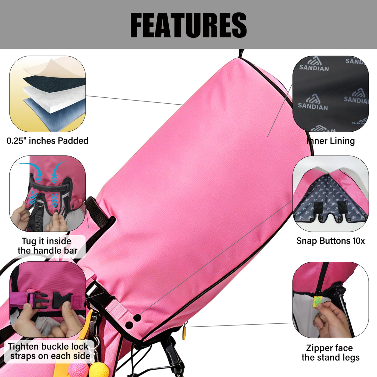 Sandian pink weatherproof cover shields bag from moisture