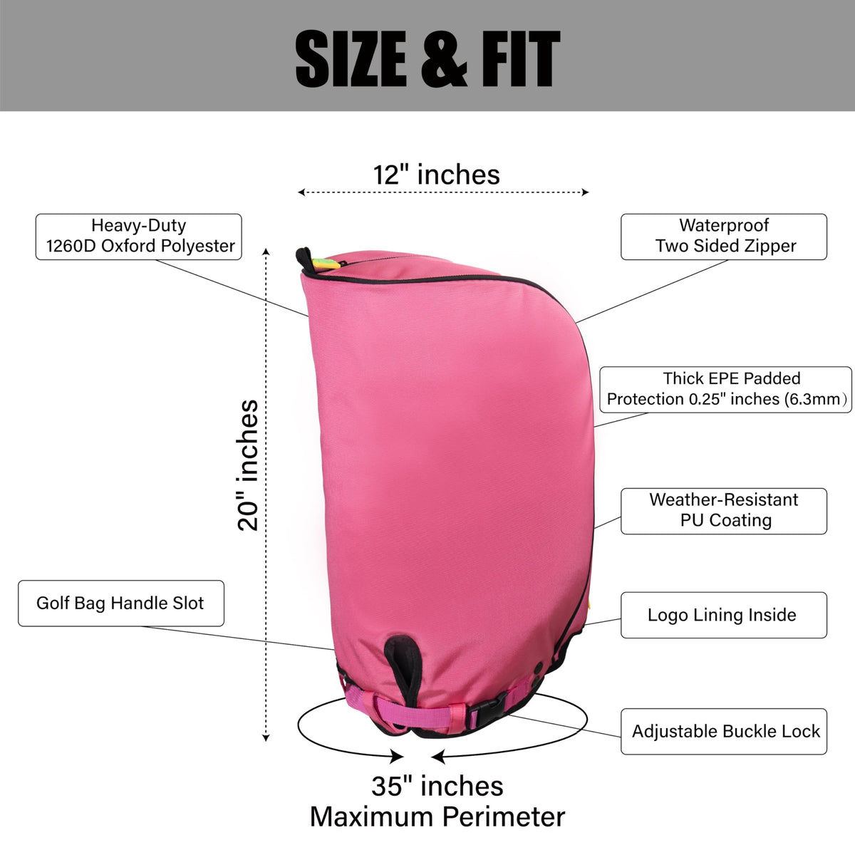 Sandian pink rain hood attaches securely with buckles to standard bags