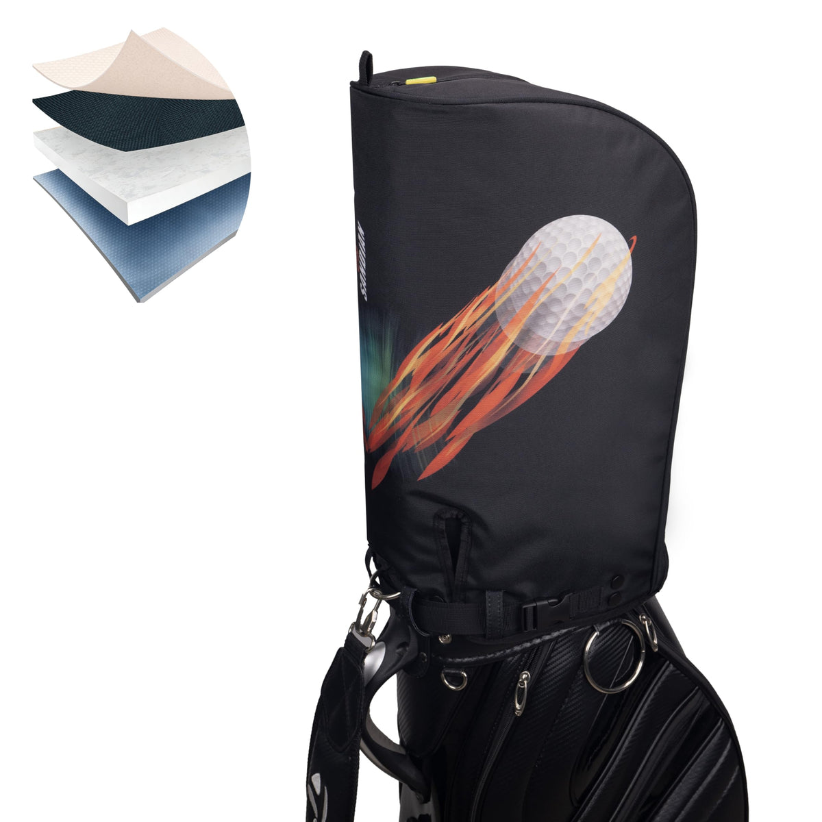 SANDIAN PU leather identification tag attached to rain hood for easy ID.