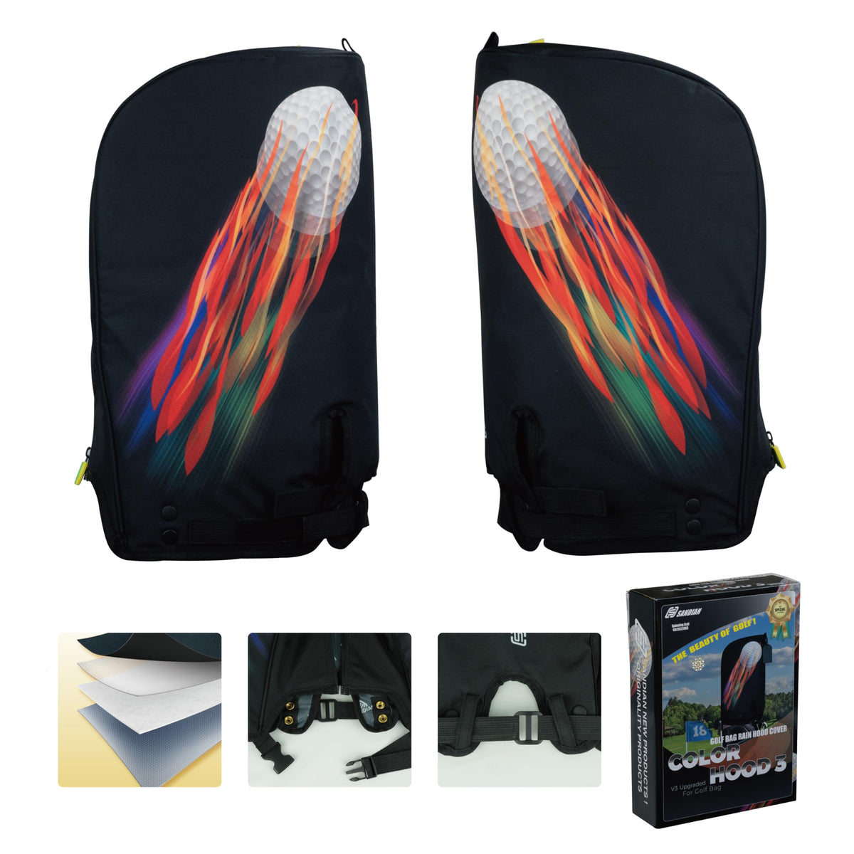 SANDIAN PU leather identification tag attached to rain hood for easy ID.
