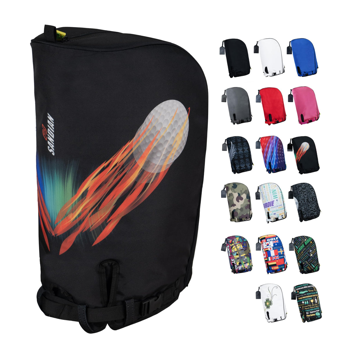 SANDIAN Spinning Ball rain hood on a golf bag; rugged 1260D fabric protects clubs from rain.