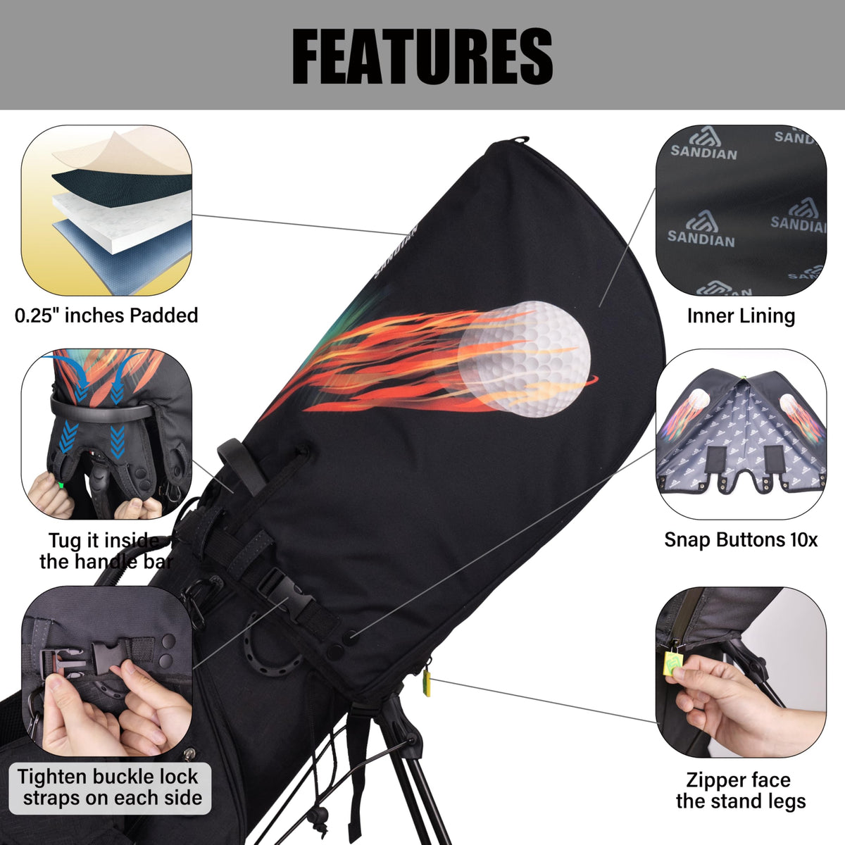 SANDIAN Spinning Ball with adjustable buckle lock demonstrates secure attachment.