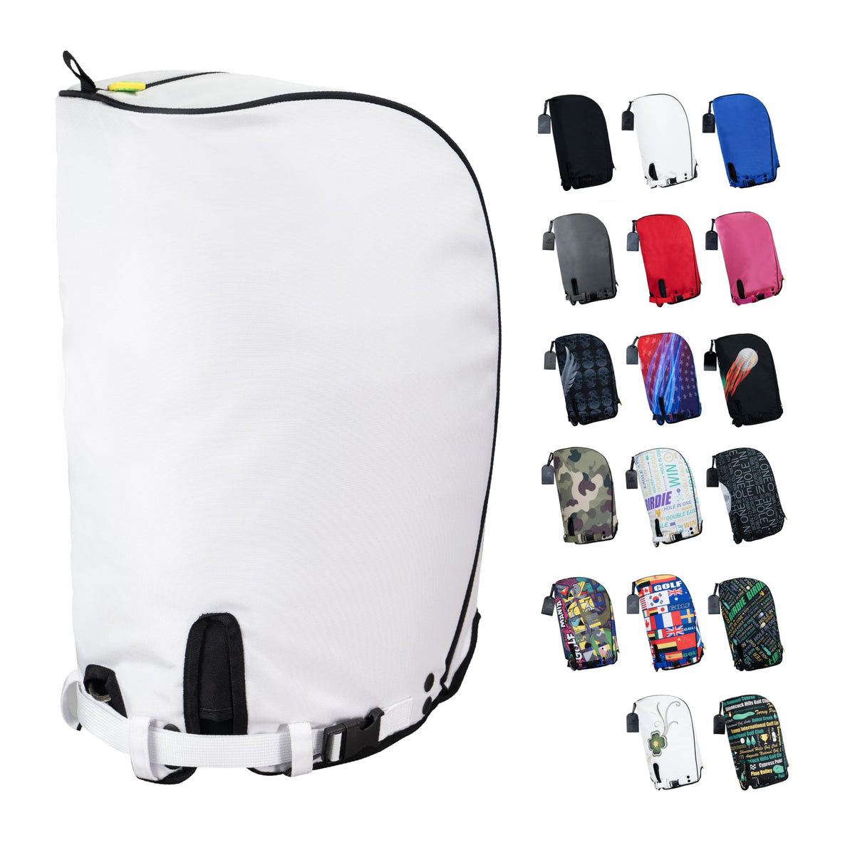 SANDIAN white golf bag rain hood, front view, full coverage for wet courses.