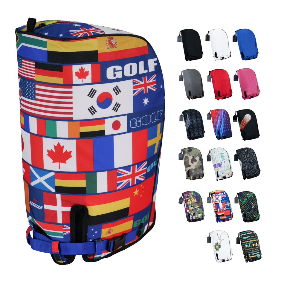 Sandian world flags rain hood cover protecting a golf bag on the course