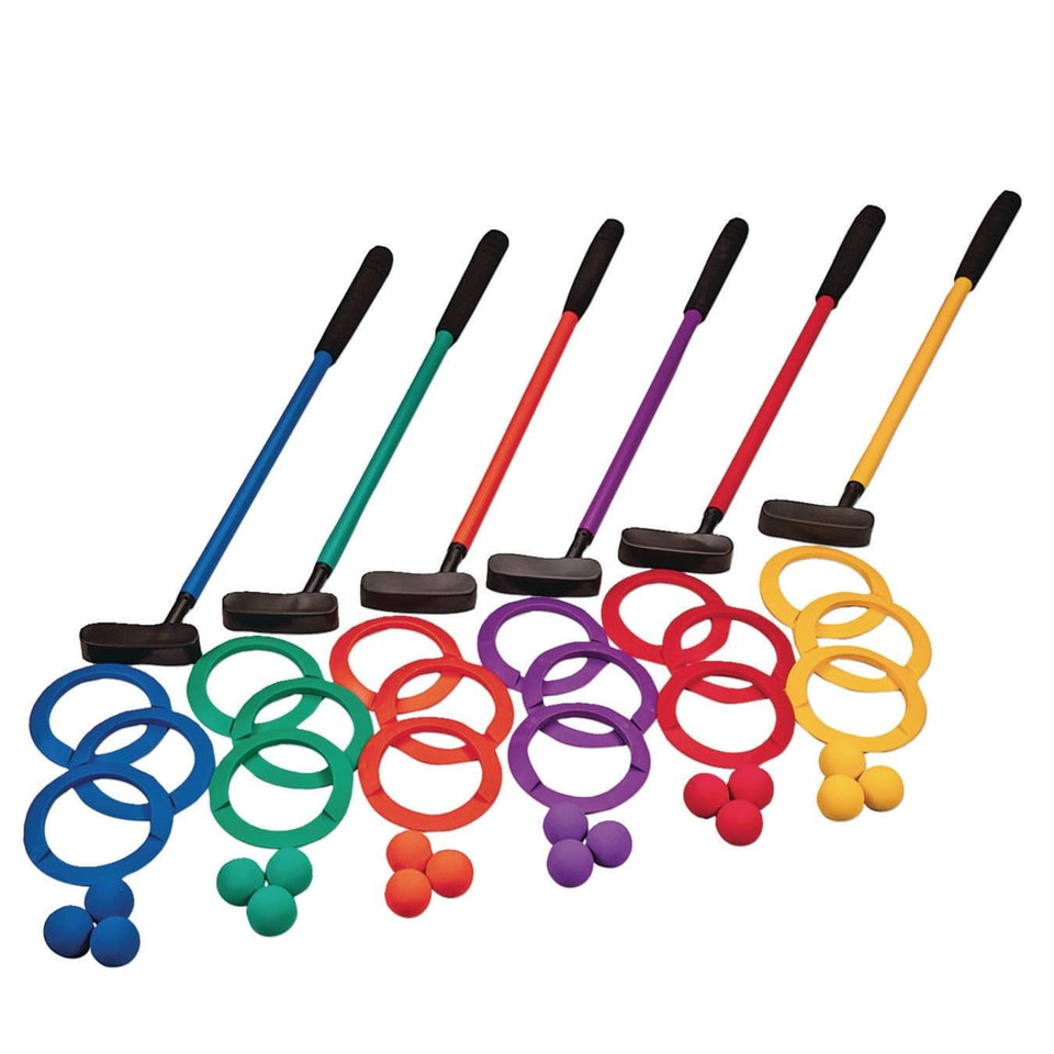 S&S Worldwide Spectrum mini golf putters (24-inch) for indoor practice and skill development.