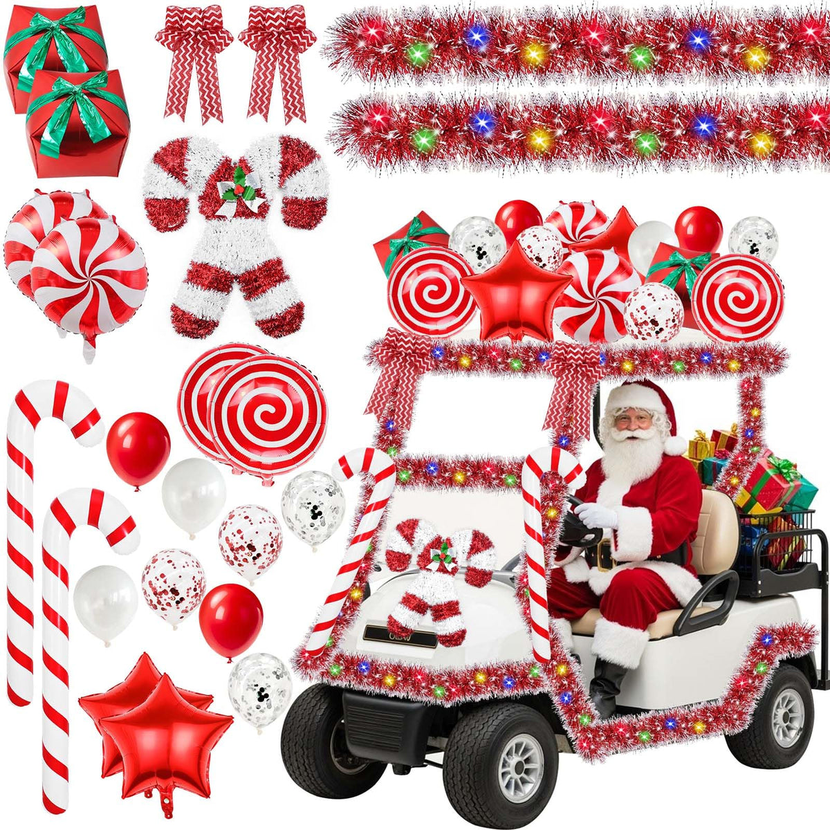 Sanixin candy cane wreath enhances golf cart festive appeal.