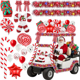 Sanixin candy cane wreath enhances golf cart festive appeal.