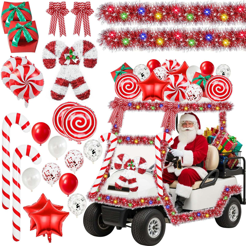 Sanixin candy cane wreath enhances golf cart festive appeal.