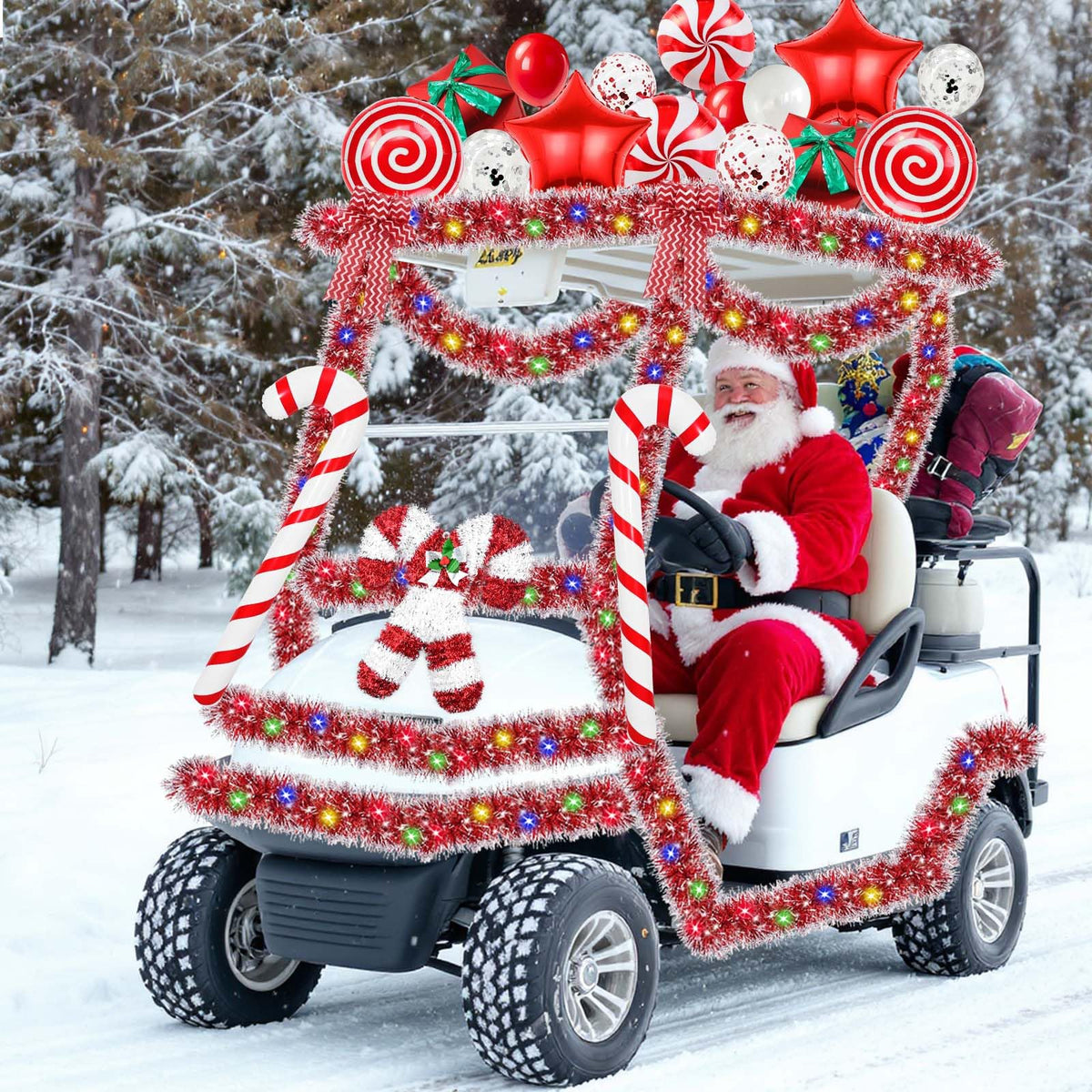 Sanixin inflatable lollipops provide playful holiday accents on the cart.
