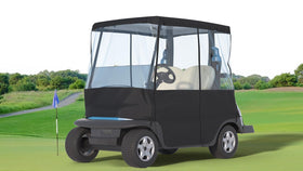 Santiano 2-passenger golf cart cover, front view, weatherproof protection for rain and wind.