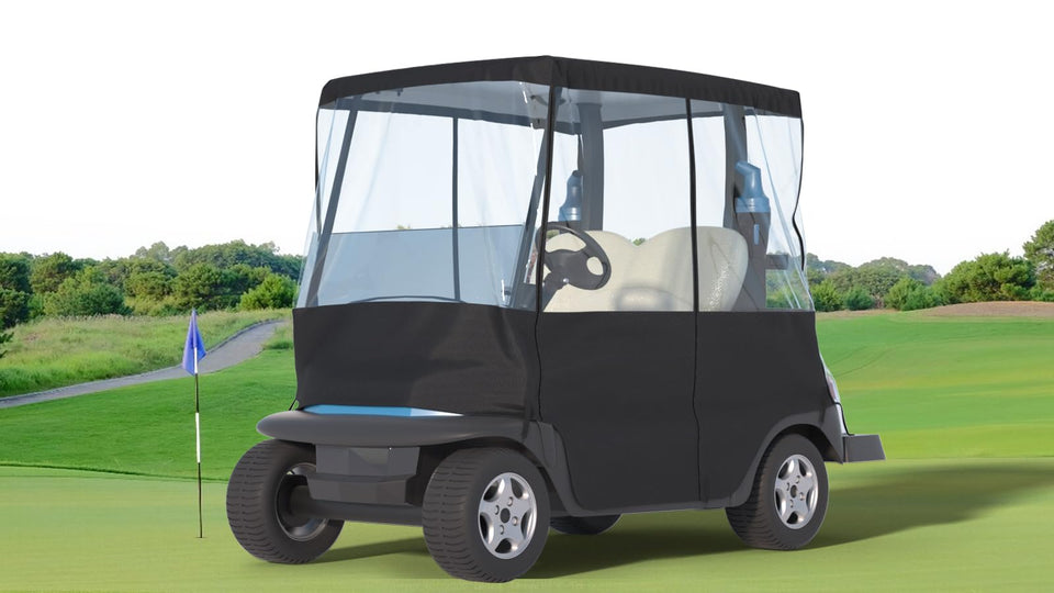 Santiano 2-passenger golf cart cover, front view, weatherproof protection for rain and wind.