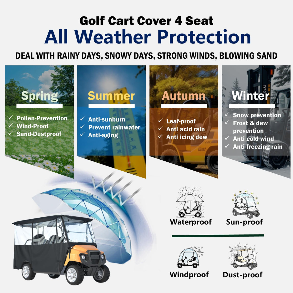 Santiano golf cart cover 900D Oxford top layer emphasizes durable water resistance.